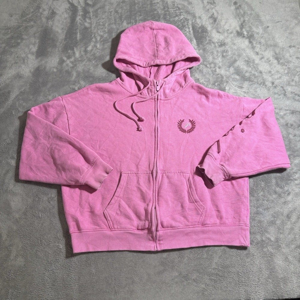 Victoria Secret Pink Cropped Hoodie Sweater Small Y2K Full Zip Chest Arm Graphic